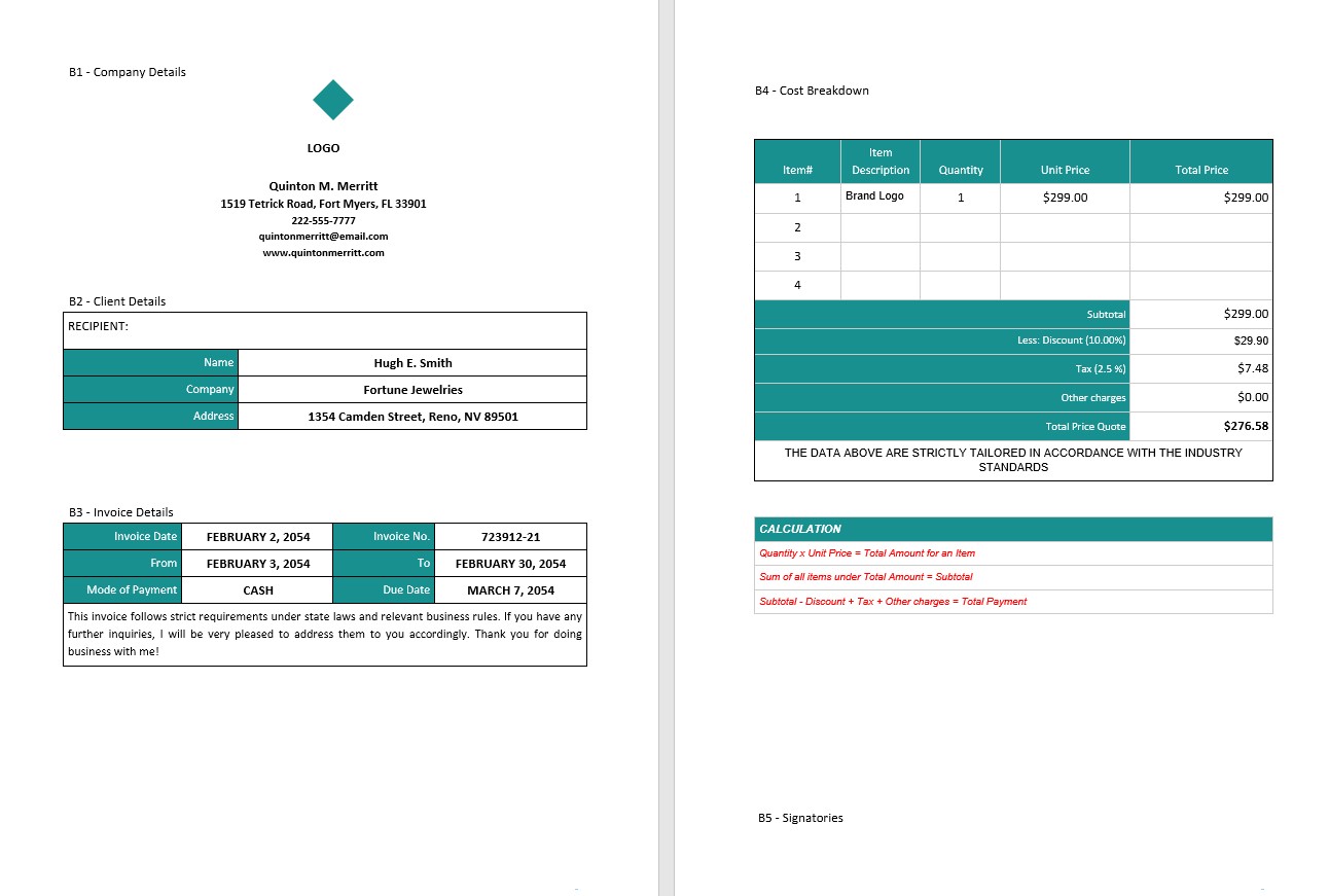 Sample Freelancer Invoice Template PSD template